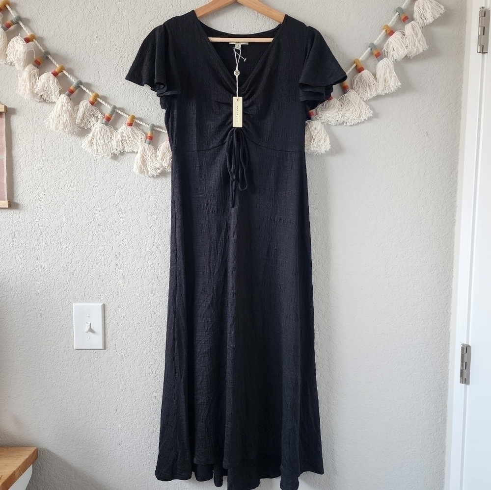 Max Studio Cinched Front Flutter Sleeve Midi Dress Black Minimalist Casual NWT S
